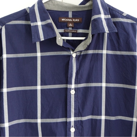 Michael Kors Sz XL Tailored Classic Fit Plaid LS Button Down Dress Shirt Navy - Picture 3 of 11